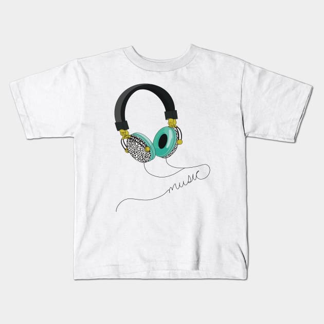 Funky headphones with aqua blue ear muffs and black and white leopard print designs on the outside Kids T-Shirt by Fruit Tee